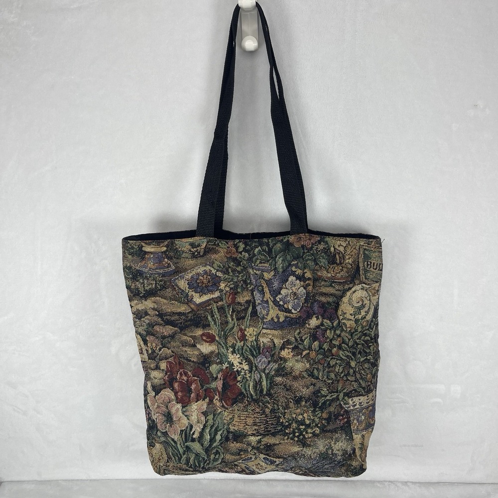 Vintage Tapestry Tote Bag Woven Garden Scene Retro Interchangeable Closure Boho